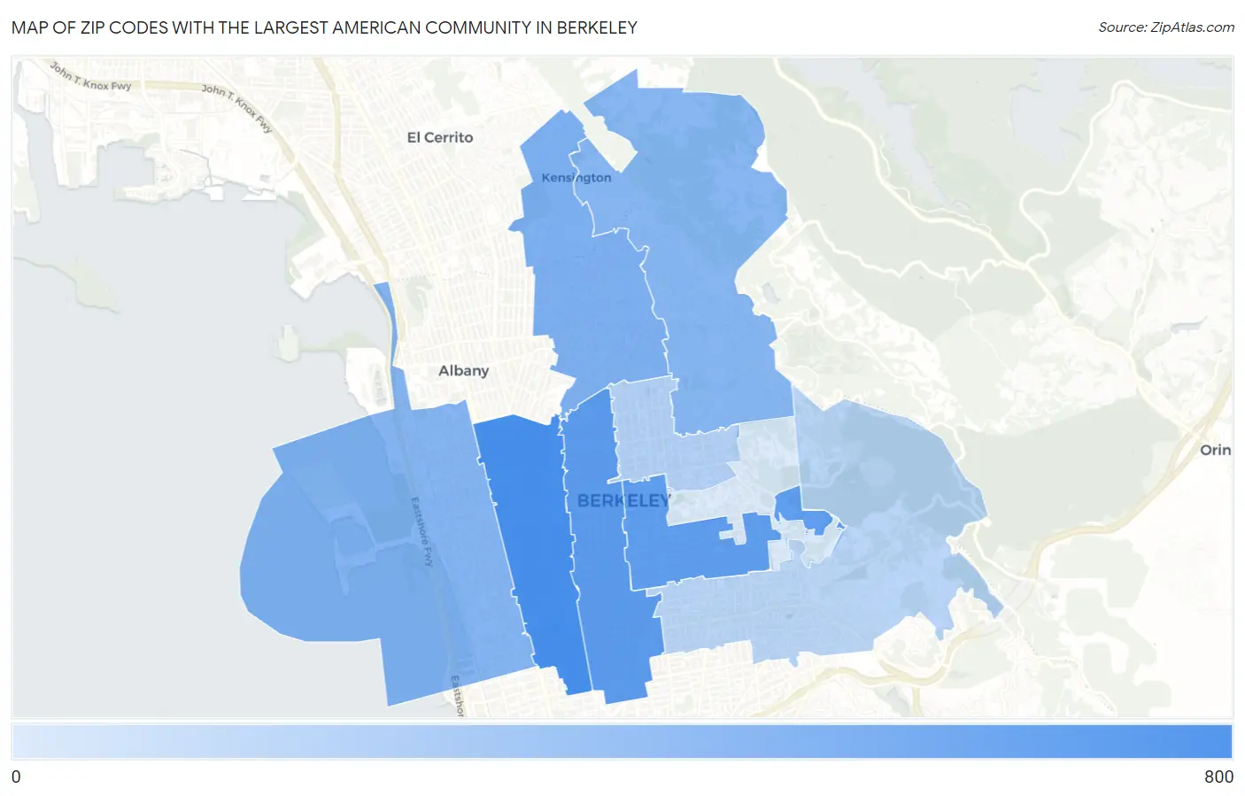 Zip Codes with the Largest American Community in Berkeley Map