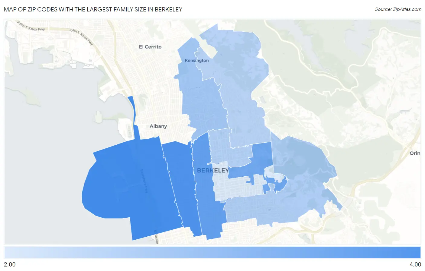 Zip Codes with the Largest Family Size in Berkeley Map