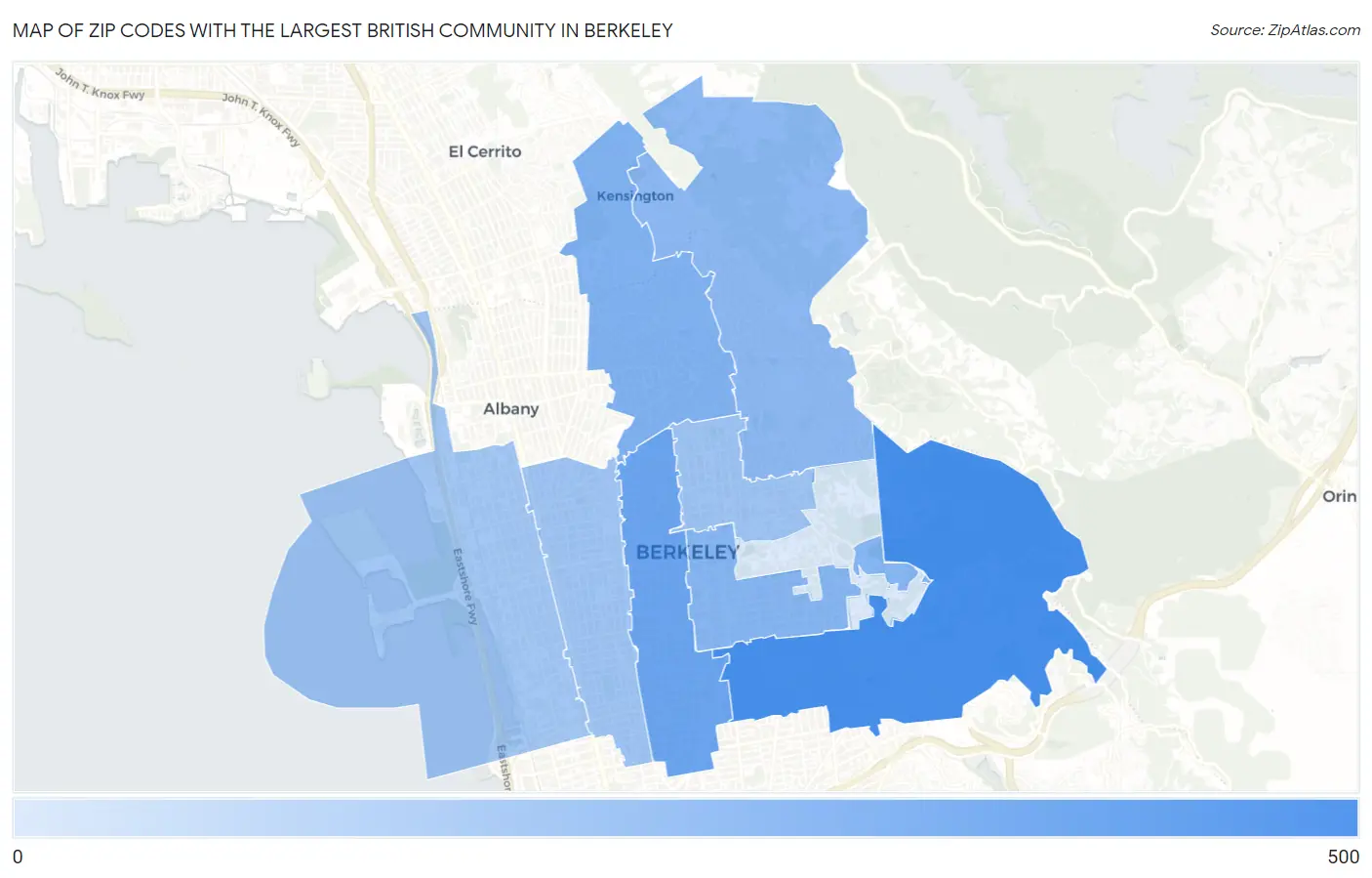Zip Codes with the Largest British Community in Berkeley Map