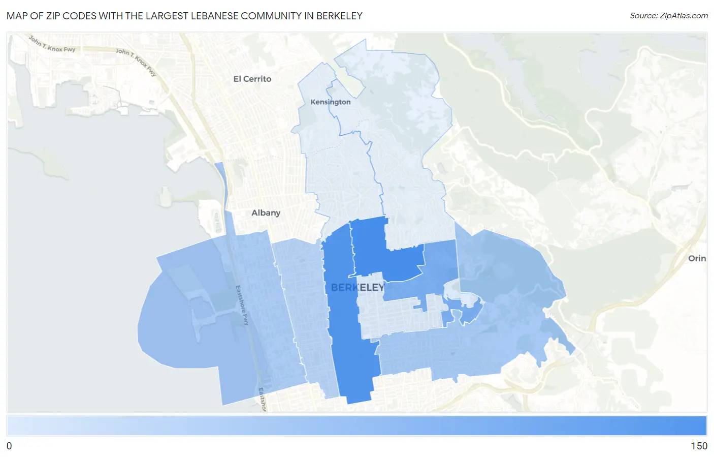 Zip Codes with the Largest Lebanese Community in Berkeley Map