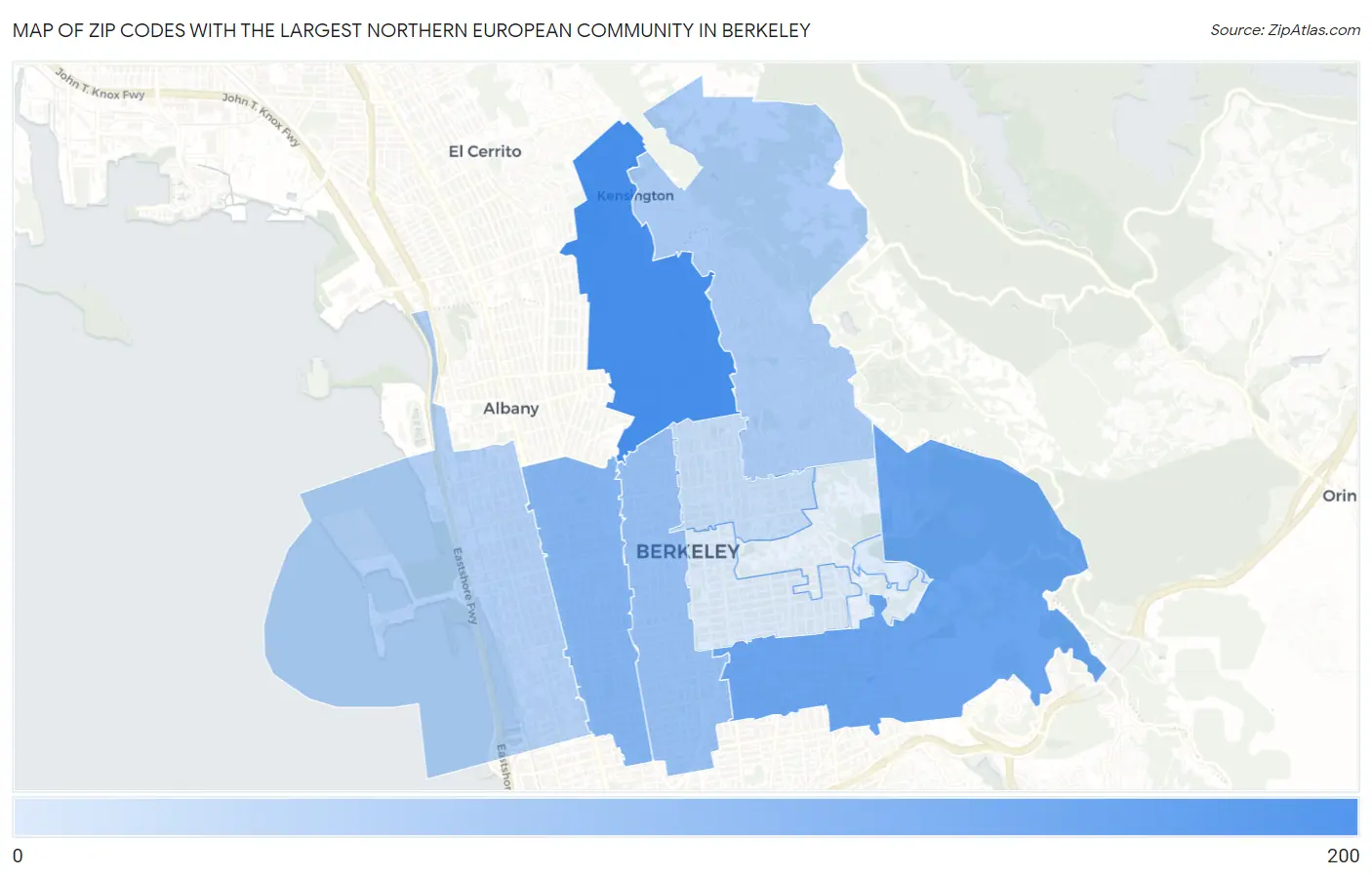 Zip Codes with the Largest Northern European Community in Berkeley Map