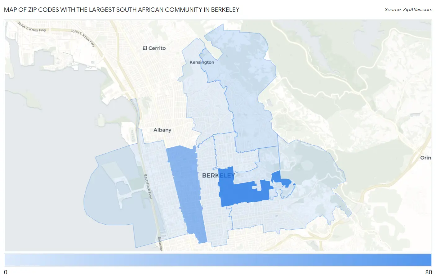 Zip Codes with the Largest South African Community in Berkeley Map