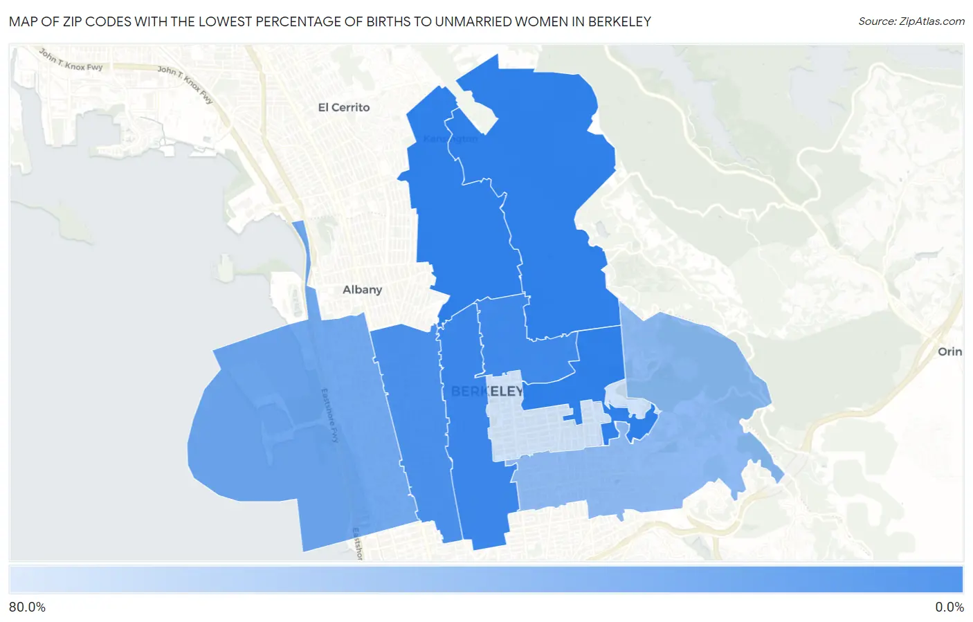 Zip Codes with the Lowest Percentage of Births to Unmarried Women in Berkeley Map
