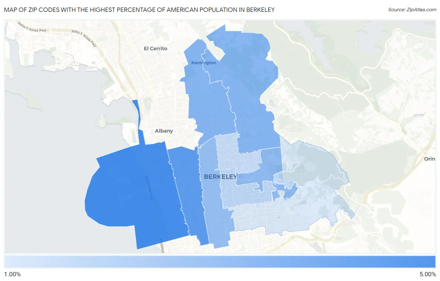 Zip Codes with the Highest Percentage of American Population in Berkeley Map