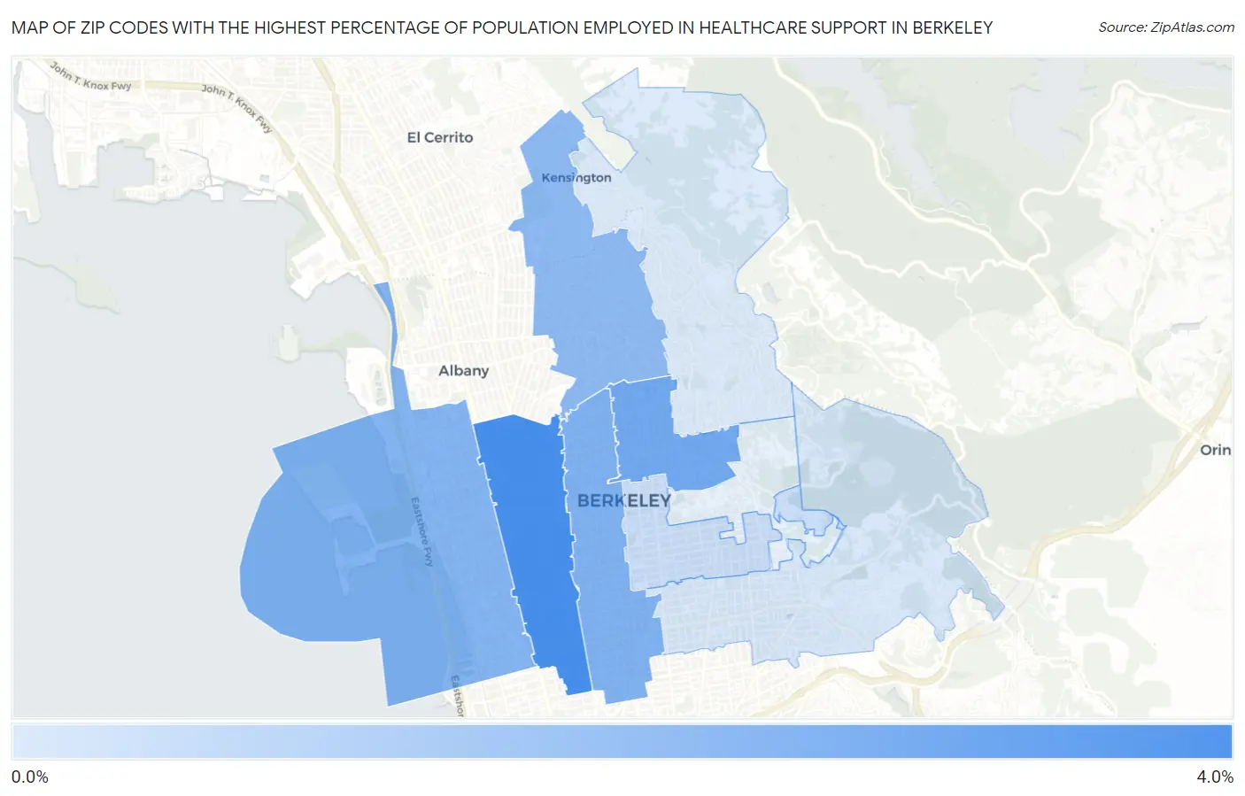 Zip Codes with the Highest Percentage of Population Employed in Healthcare Support in Berkeley Map