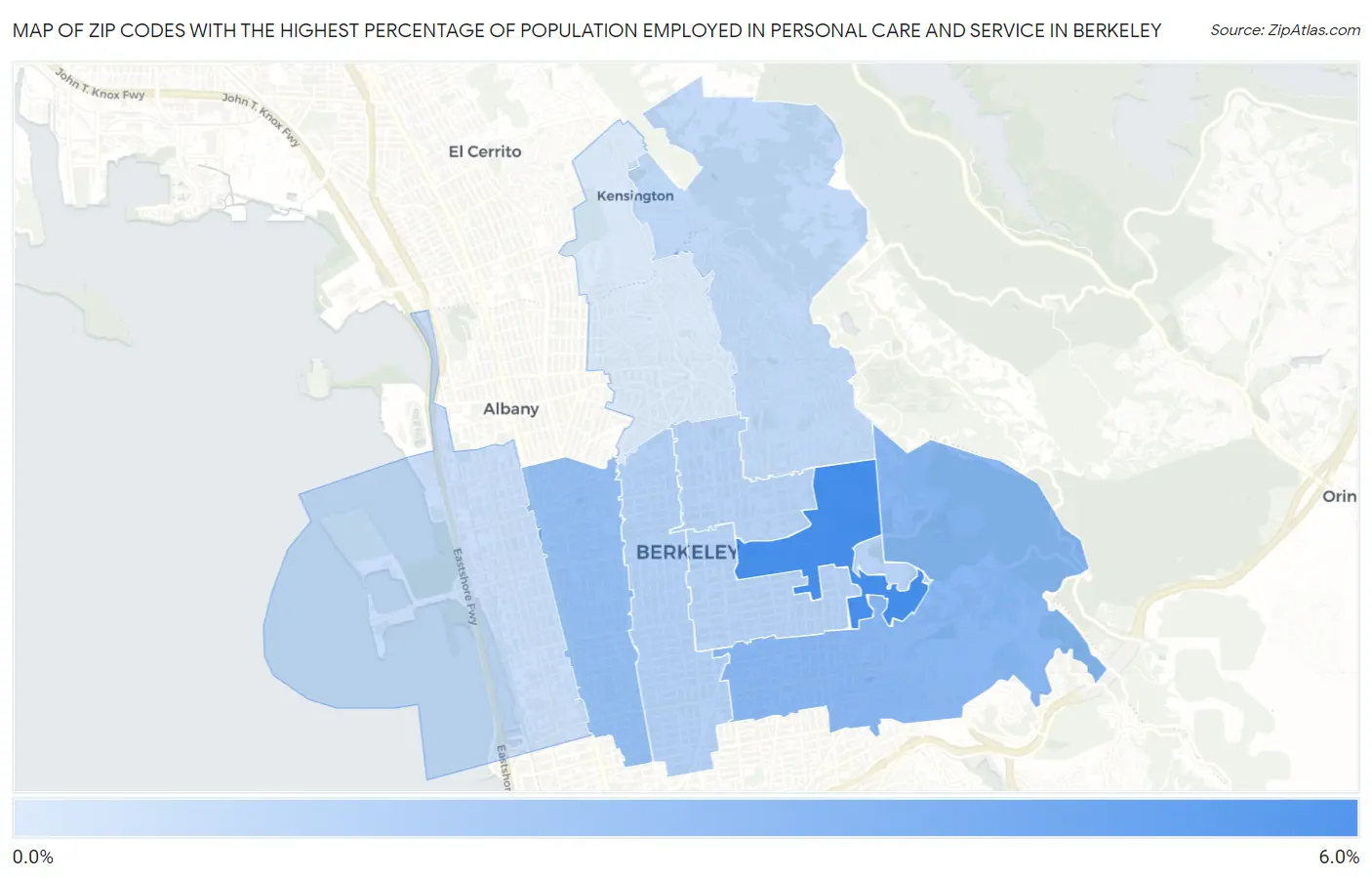 Zip Codes with the Highest Percentage of Population Employed in Personal Care and Service in Berkeley Map
