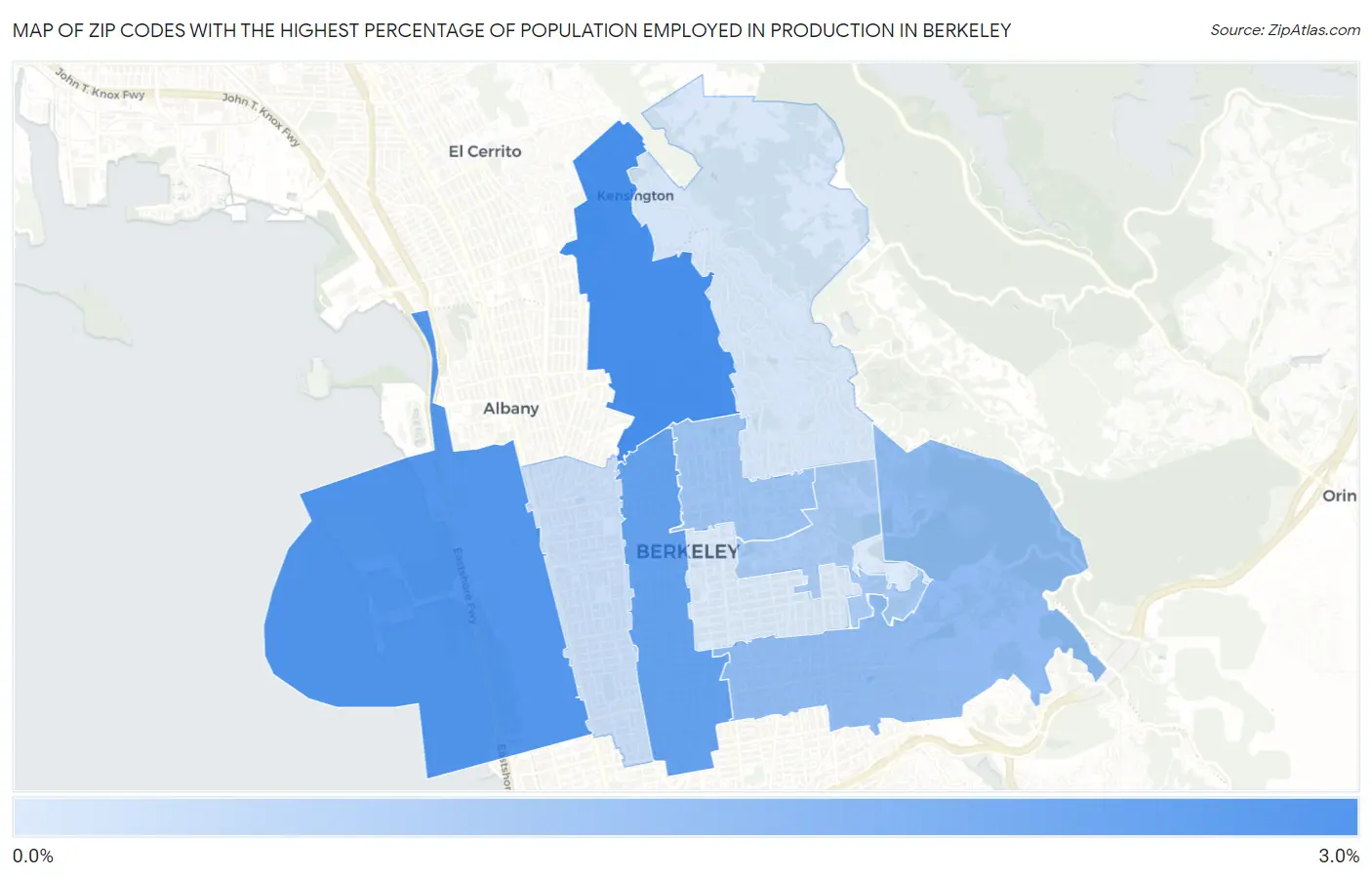 Zip Codes with the Highest Percentage of Population Employed in Production in Berkeley Map