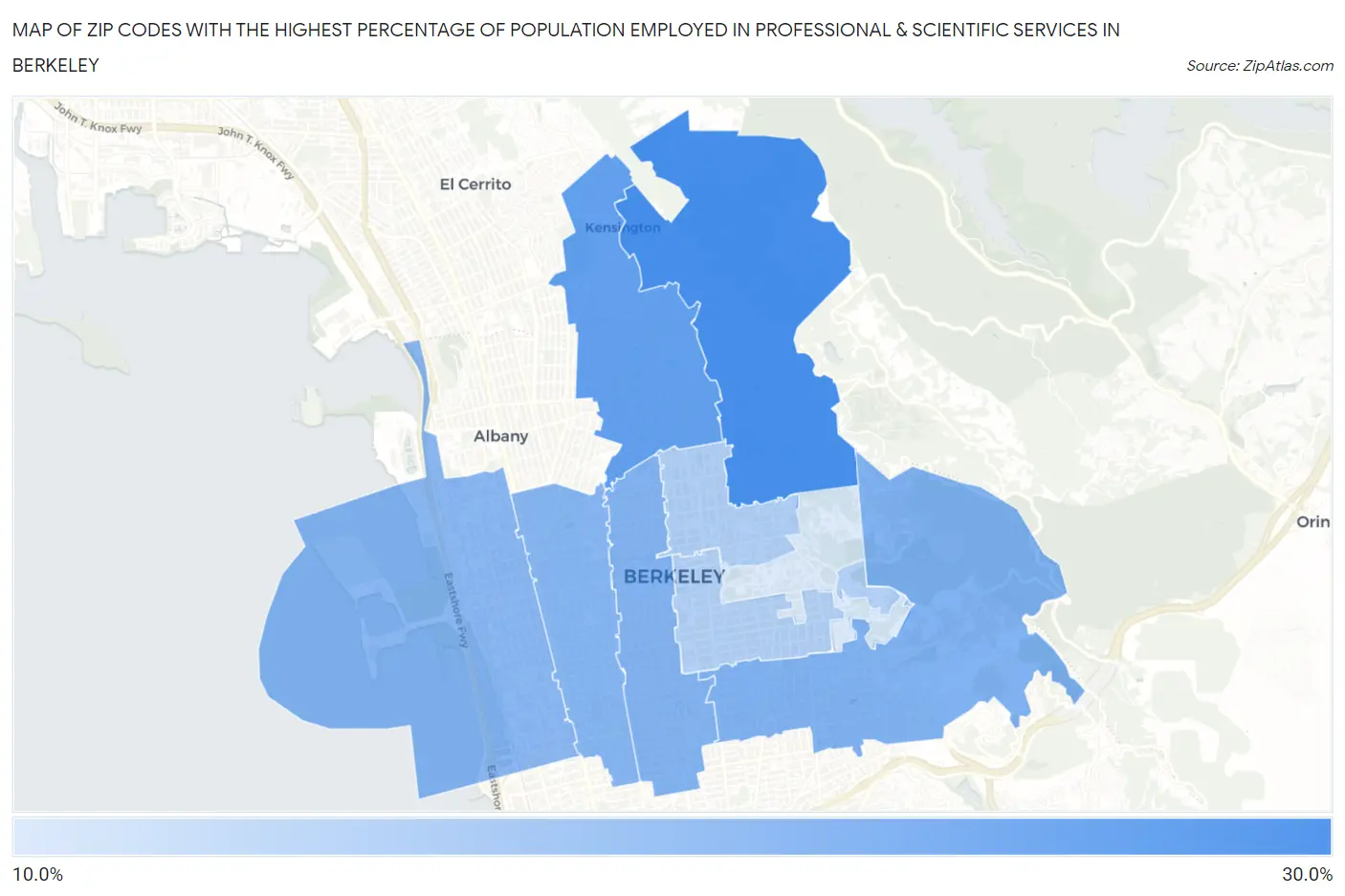 Zip Codes with the Highest Percentage of Population Employed in Professional & Scientific Services in Berkeley Map
