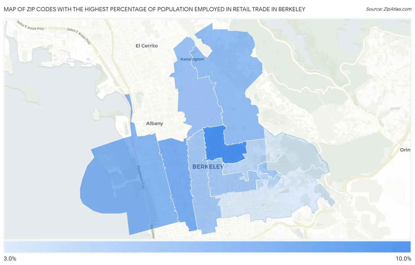 Zip Codes with the Highest Percentage of Population Employed in Retail Trade in Berkeley Map