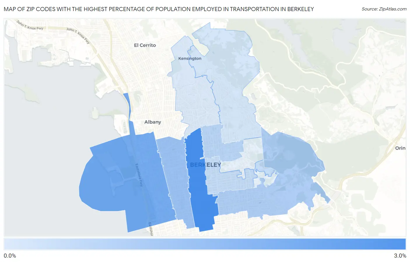 Zip Codes with the Highest Percentage of Population Employed in Transportation in Berkeley Map