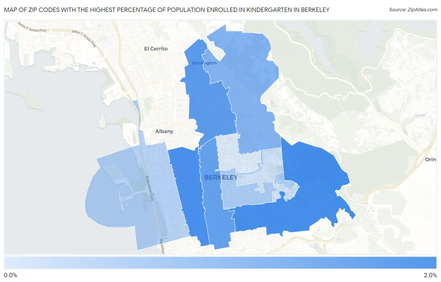 Zip Codes with the Highest Percentage of Population Enrolled in Kindergarten in Berkeley Map