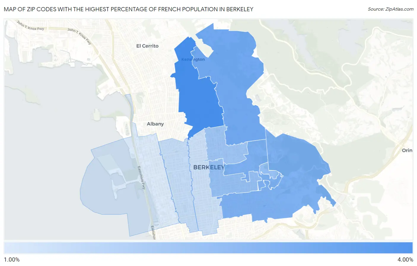 Zip Codes with the Highest Percentage of French Population in Berkeley Map