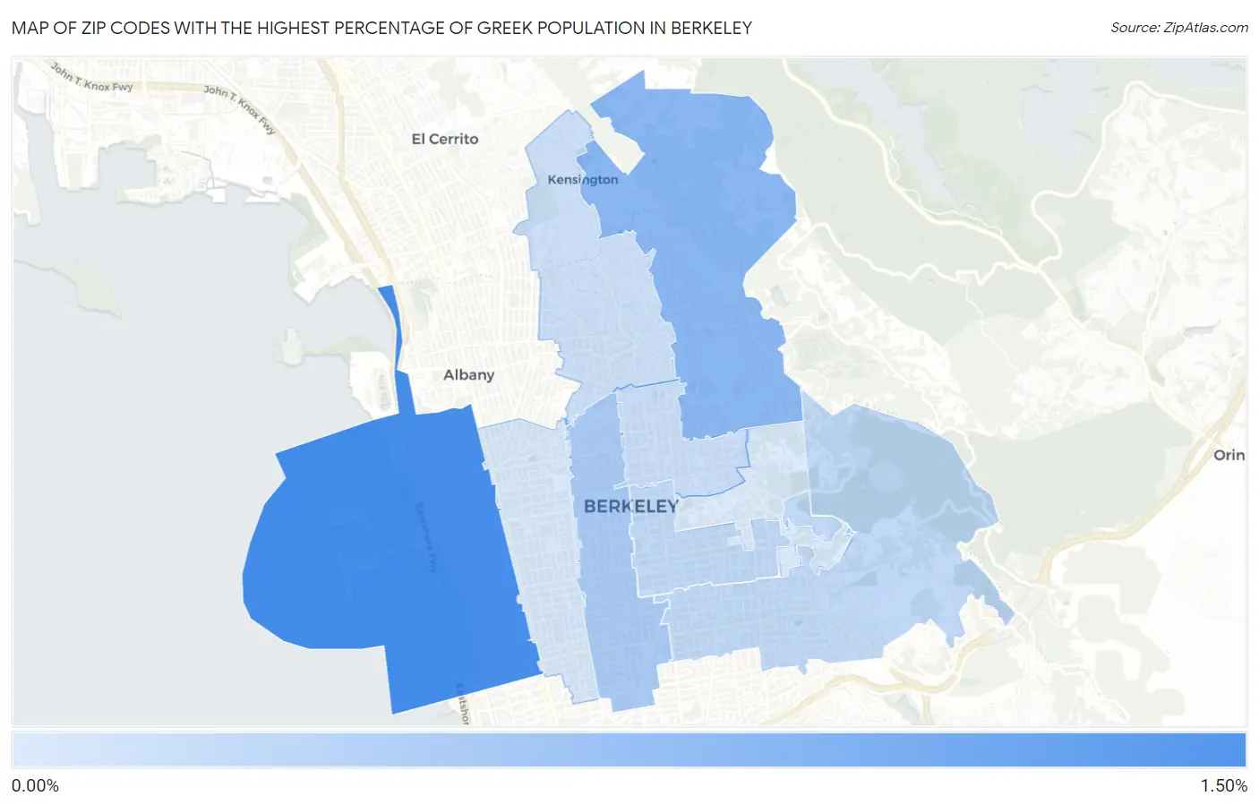 Zip Codes with the Highest Percentage of Greek Population in Berkeley Map