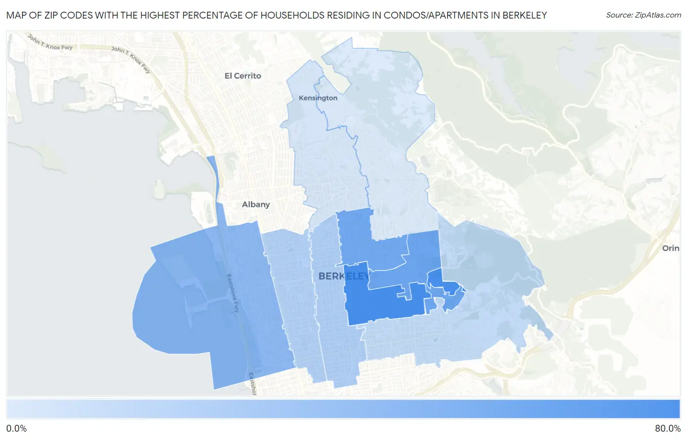 Zip Codes with the Highest Percentage of Households Residing in Condos/Apartments in Berkeley Map
