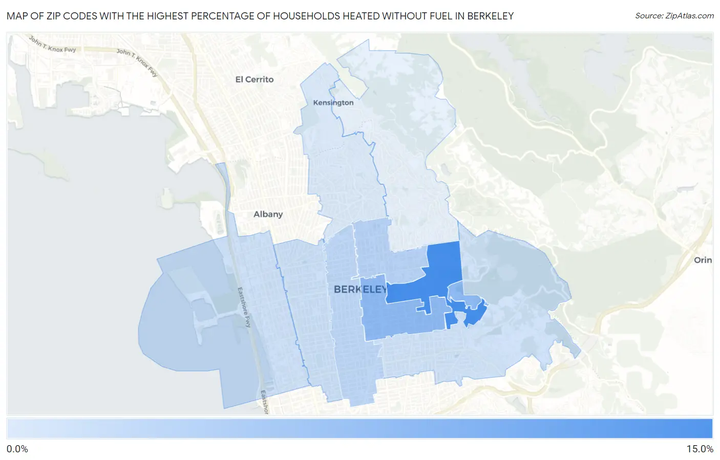 Zip Codes with the Highest Percentage of Households Heated without Fuel in Berkeley Map