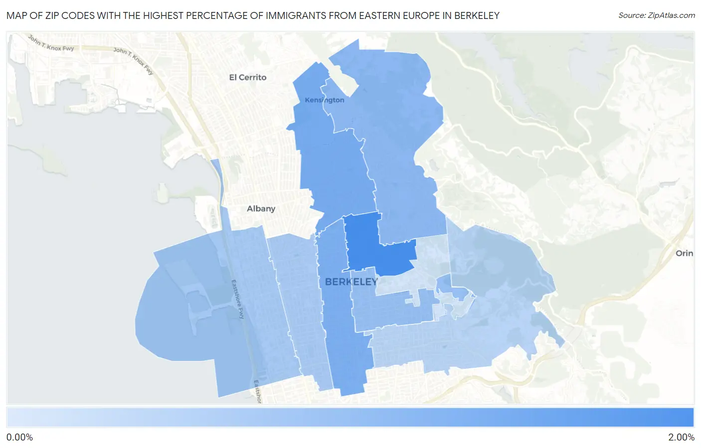 Zip Codes with the Highest Percentage of Immigrants from Eastern Europe in Berkeley Map