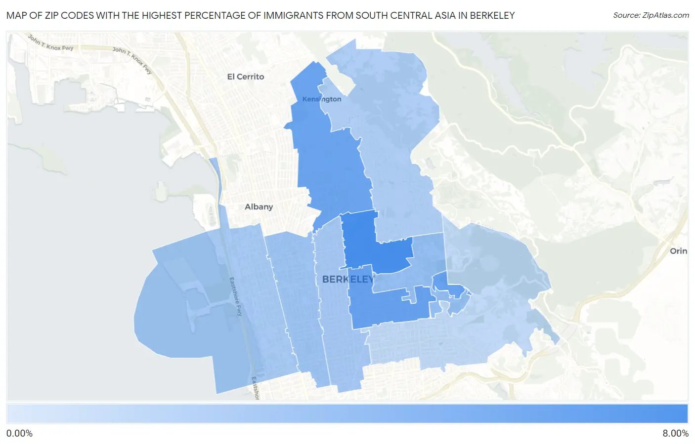 Zip Codes with the Highest Percentage of Immigrants from South Central Asia in Berkeley Map