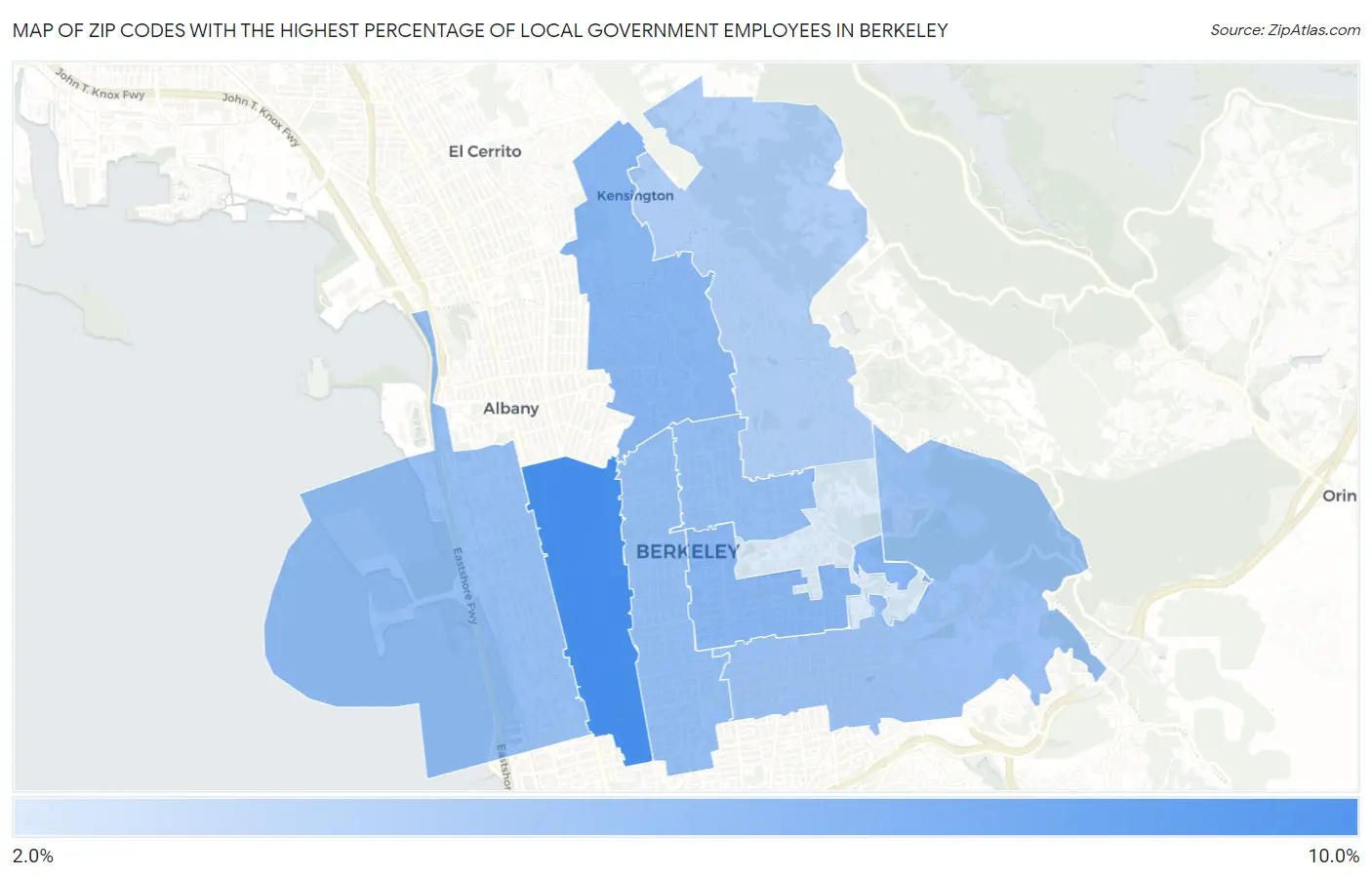 Zip Codes with the Highest Percentage of Local Government Employees in Berkeley Map