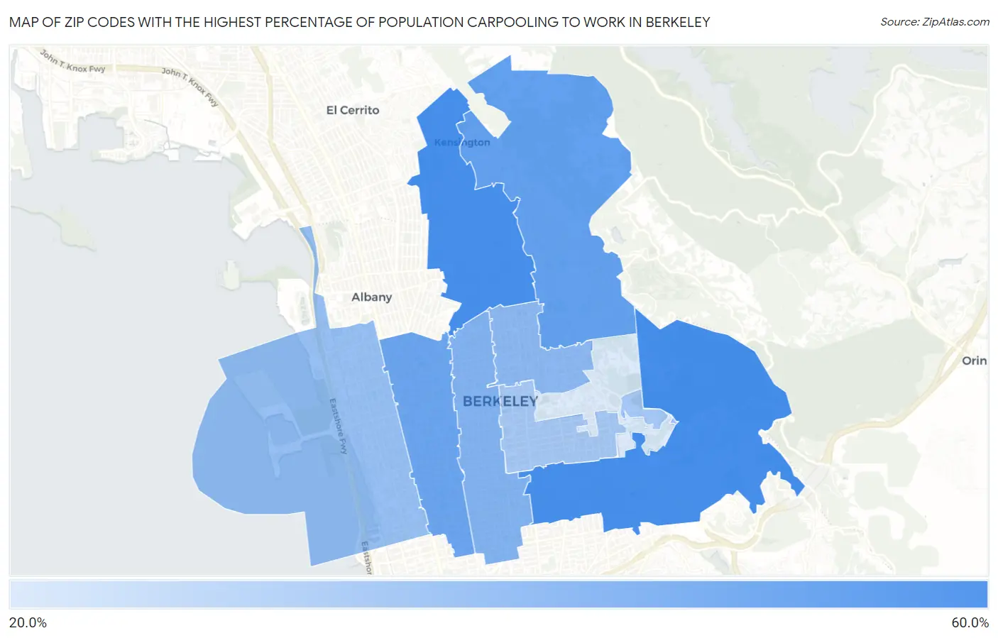 Zip Codes with the Highest Percentage of Population Carpooling to Work in Berkeley Map