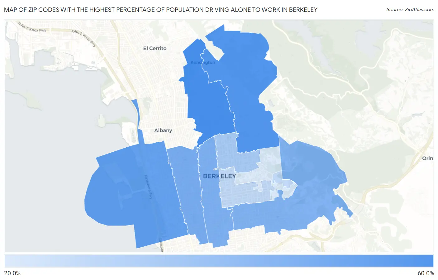 Zip Codes with the Highest Percentage of Population Driving Alone to Work in Berkeley Map