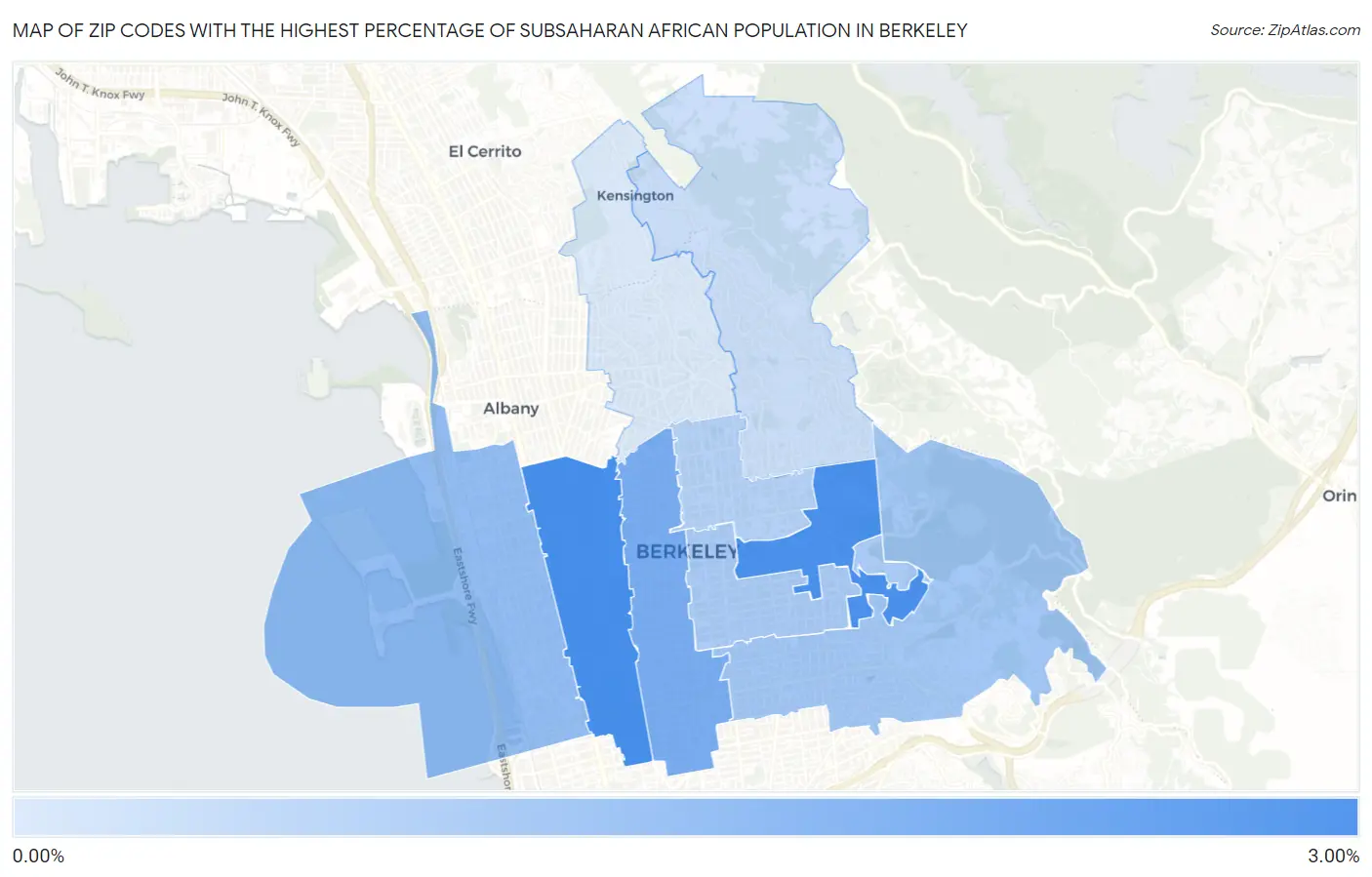 Zip Codes with the Highest Percentage of Subsaharan African Population in Berkeley Map