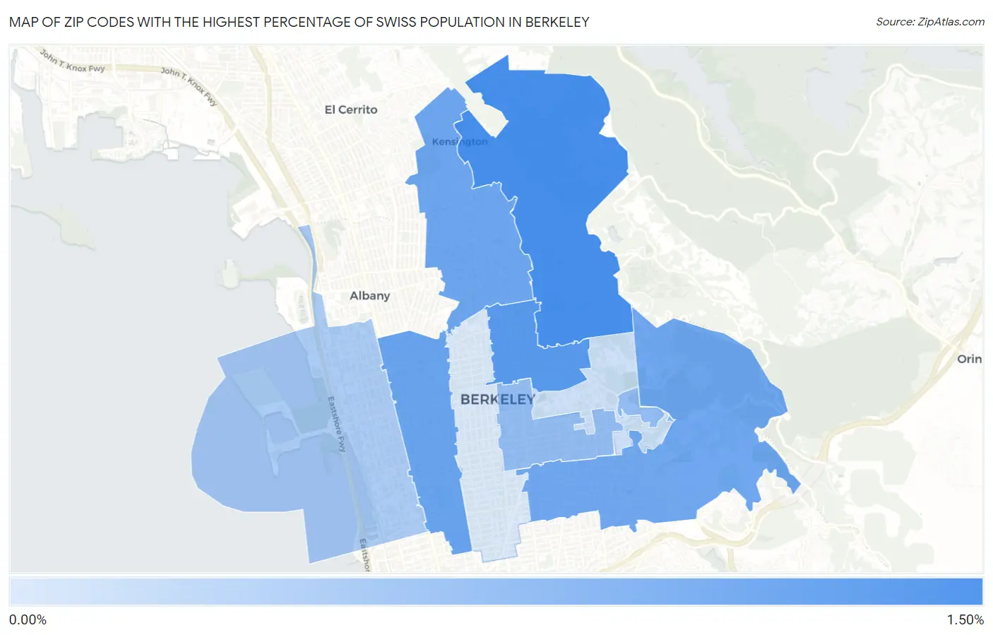 Zip Codes with the Highest Percentage of Swiss Population in Berkeley Map