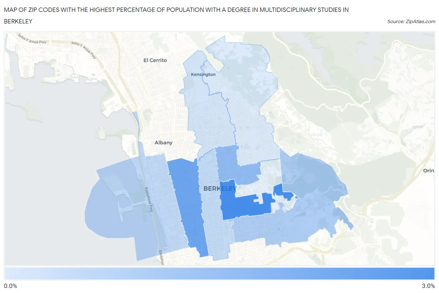 Zip Codes with the Highest Percentage of Population with a Degree in Multidisciplinary Studies in Berkeley Map
