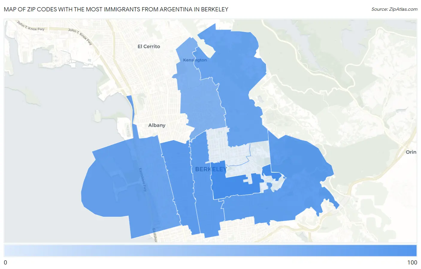 Zip Codes with the Most Immigrants from Argentina in Berkeley Map