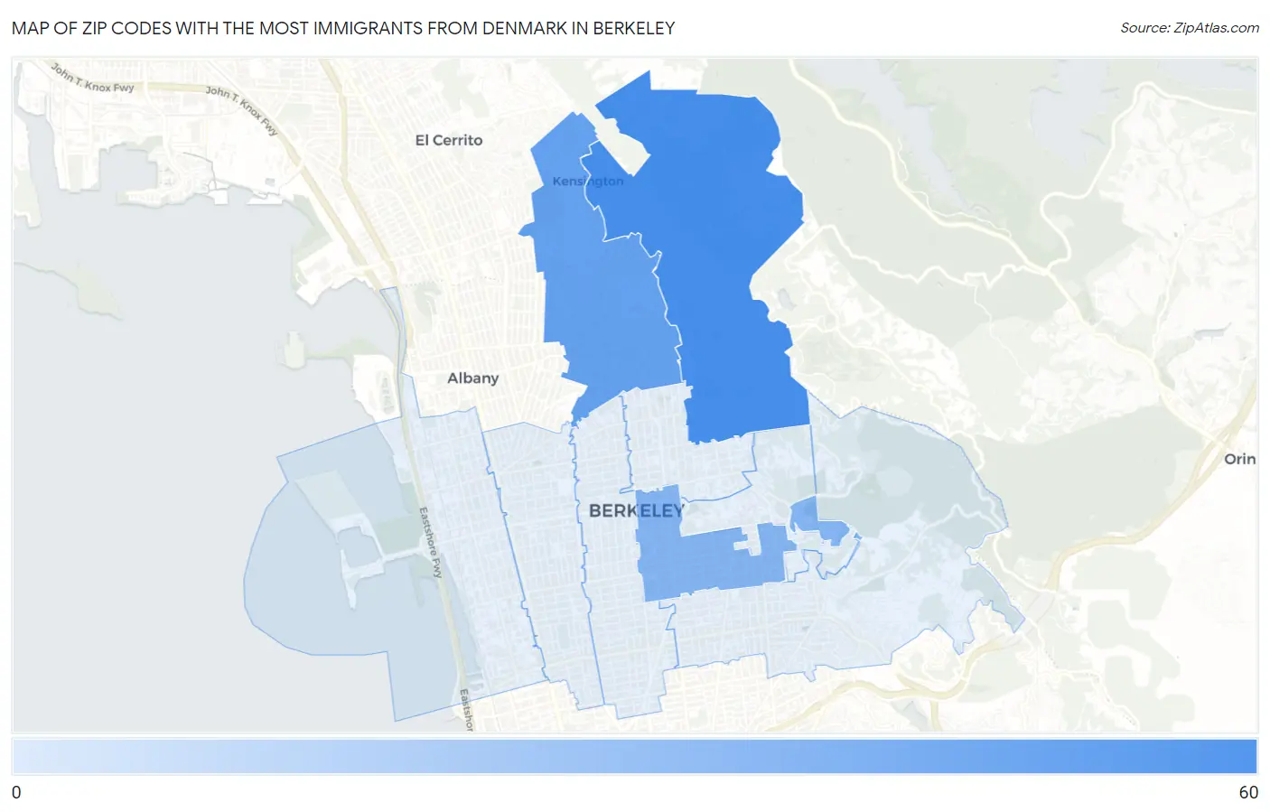 Zip Codes with the Most Immigrants from Denmark in Berkeley Map