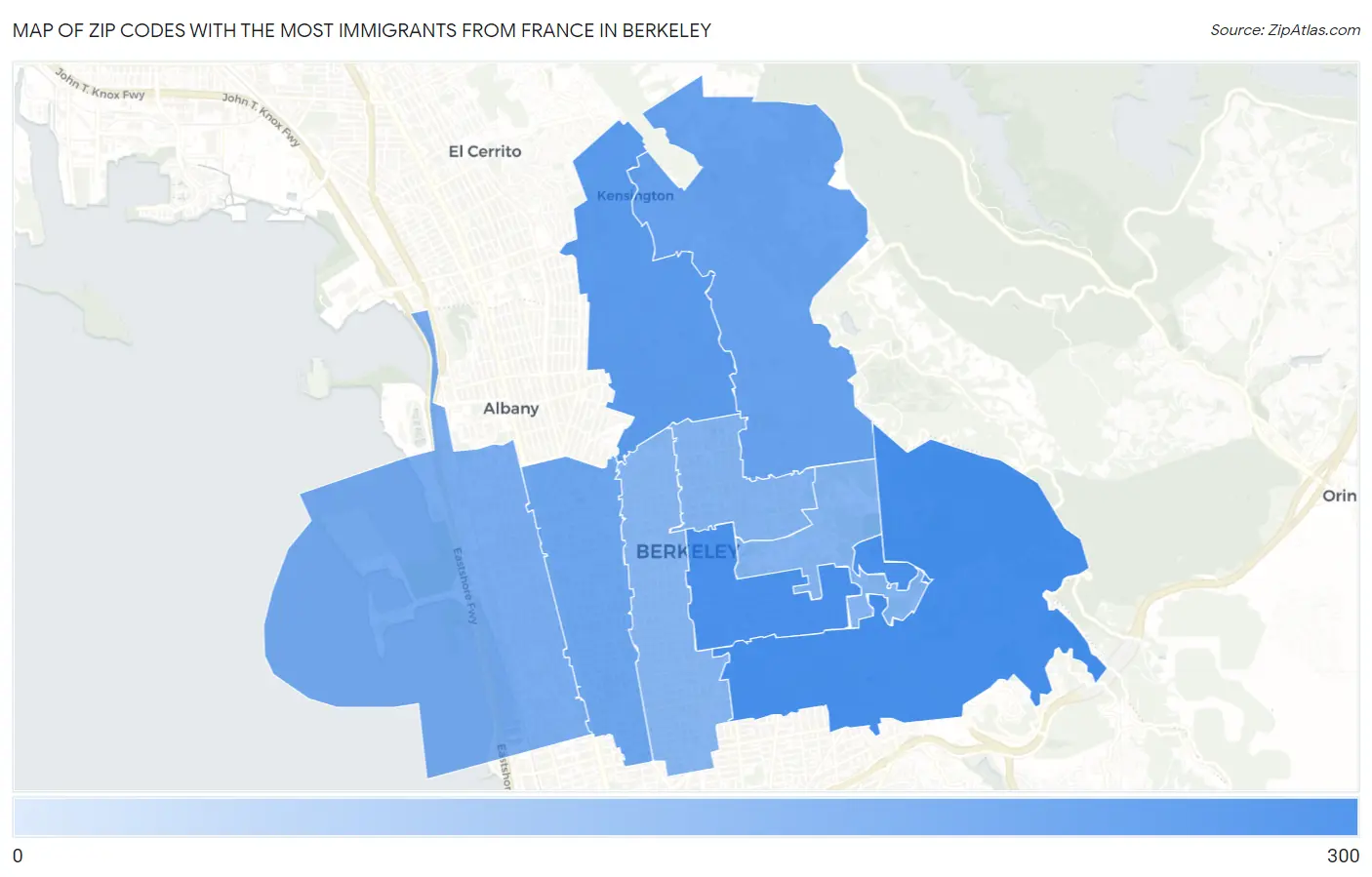 Zip Codes with the Most Immigrants from France in Berkeley Map