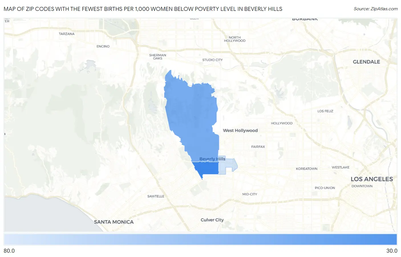 Zip Codes with the Fewest Births per 1,000 Women Below Poverty Level in Beverly Hills Map