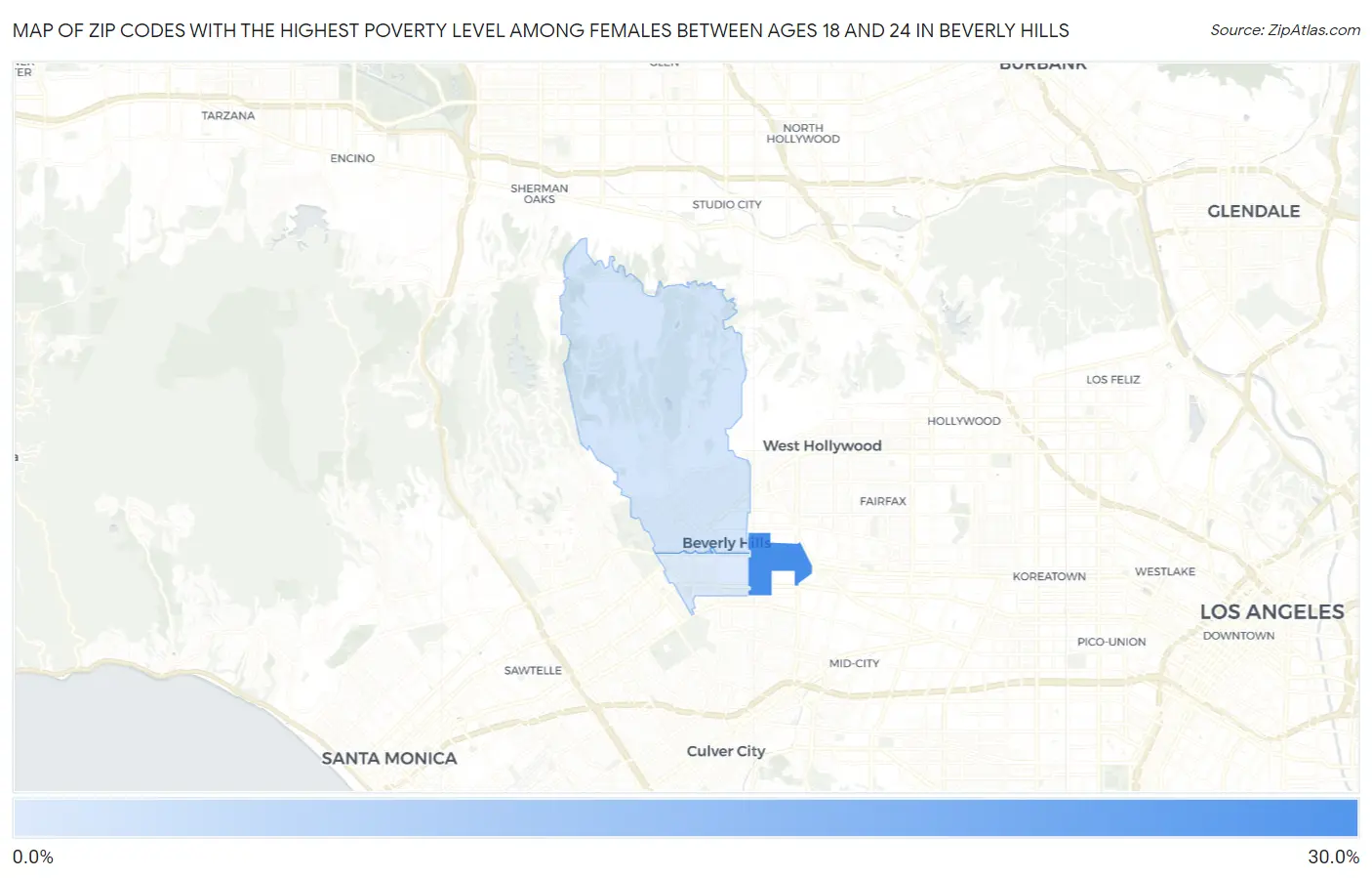 Zip Codes with the Highest Poverty Level Among Females Between Ages 18 and 24 in Beverly Hills Map