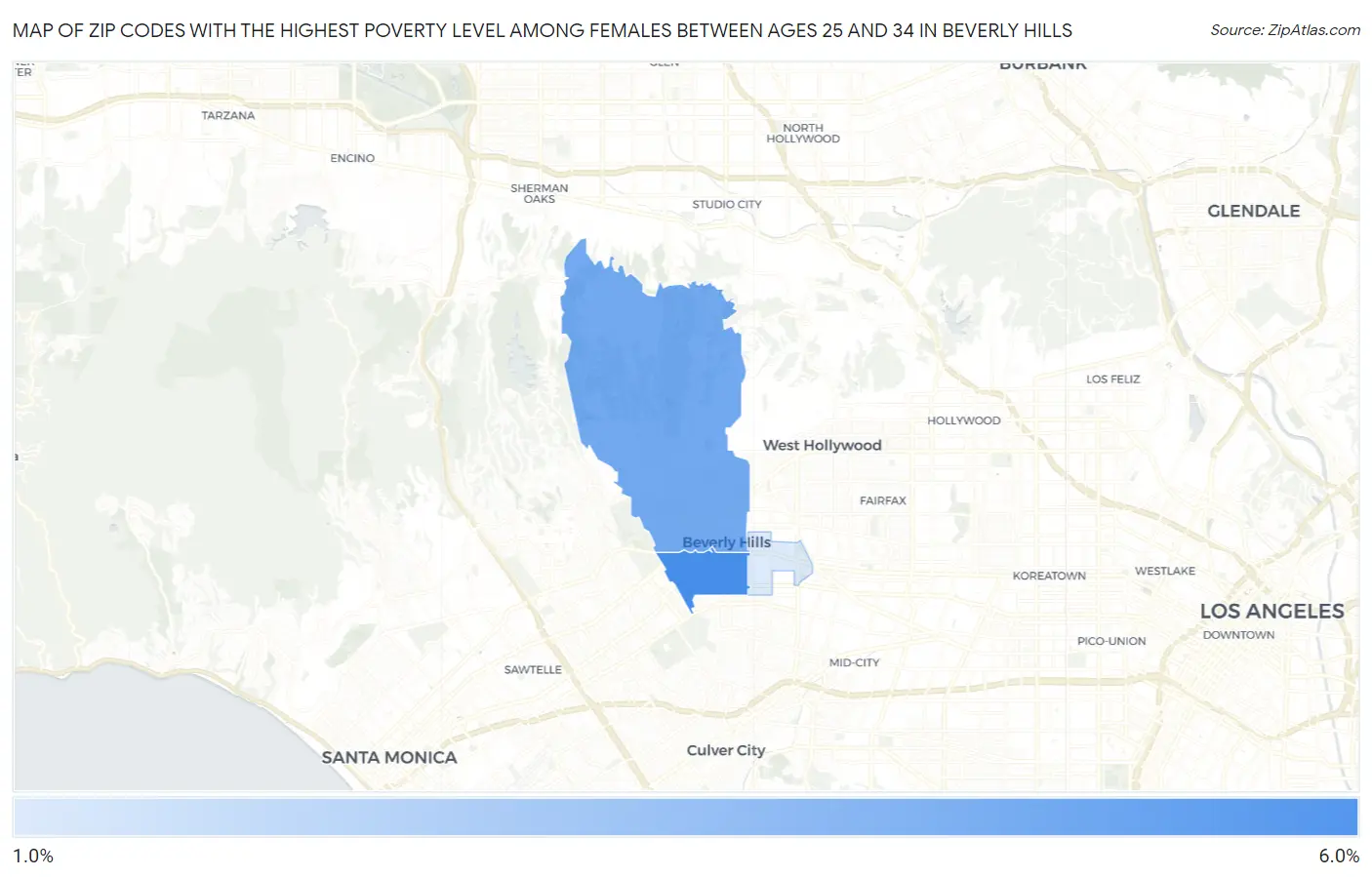 Zip Codes with the Highest Poverty Level Among Females Between Ages 25 and 34 in Beverly Hills Map