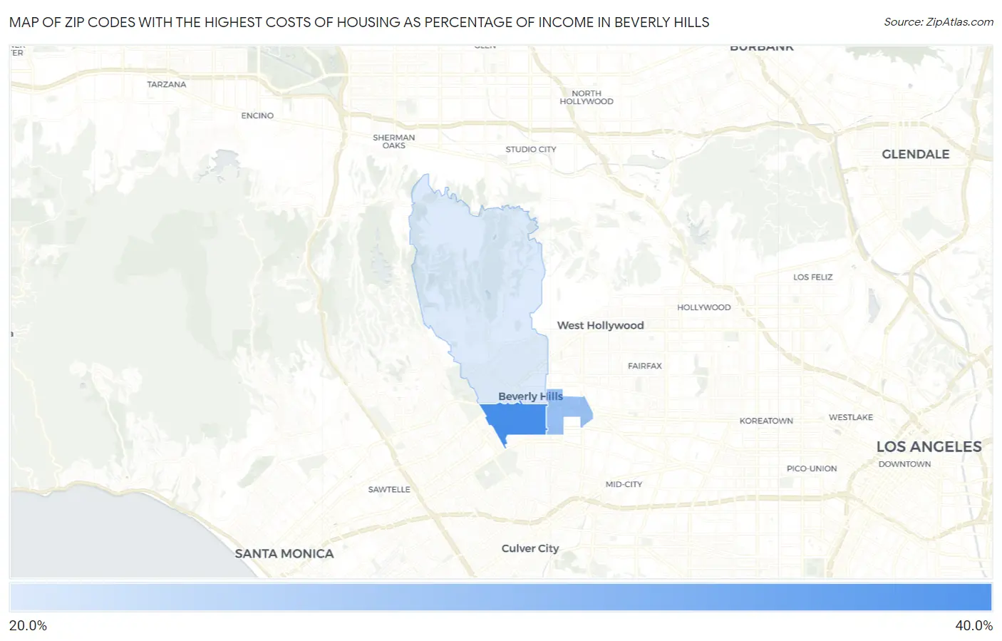 Zip Codes with the Highest Costs of Housing as Percentage of Income in Beverly Hills Map