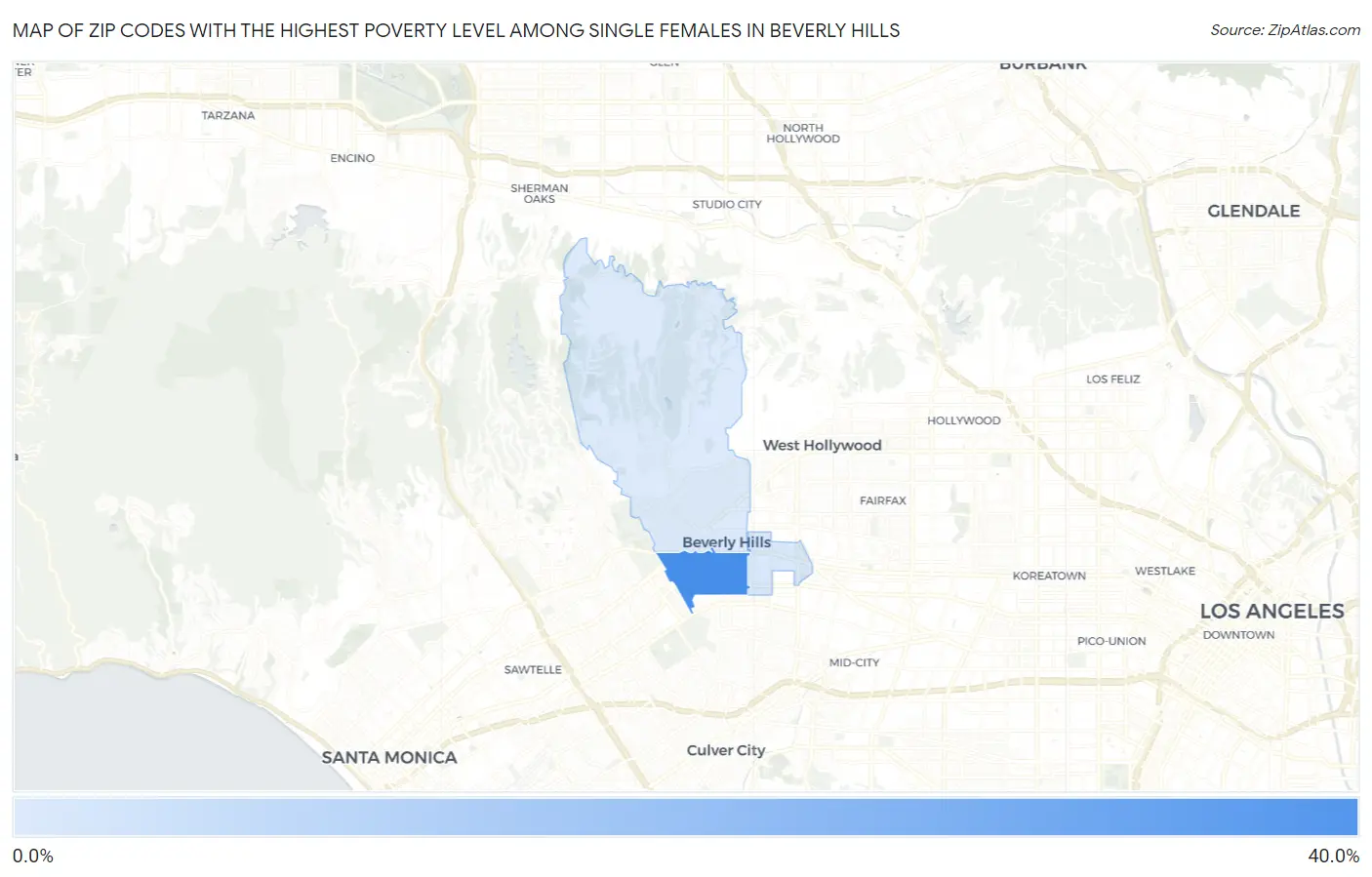 Zip Codes with the Highest Poverty Level Among Single Females in Beverly Hills Map