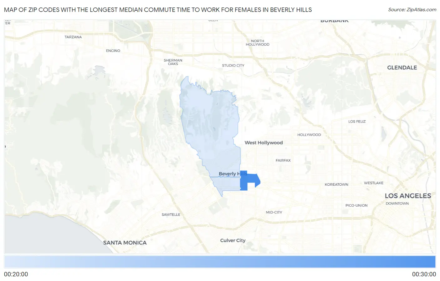 Zip Codes with the Longest Median Commute Time to Work for Females in Beverly Hills Map