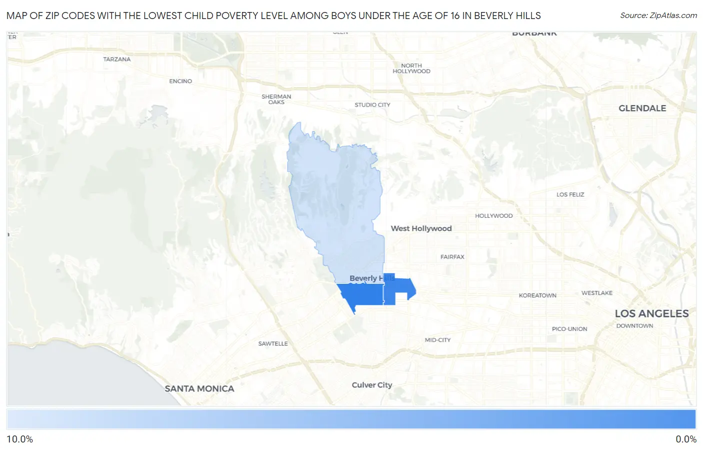 Zip Codes with the Lowest Child Poverty Level Among Boys Under the Age of 16 in Beverly Hills Map