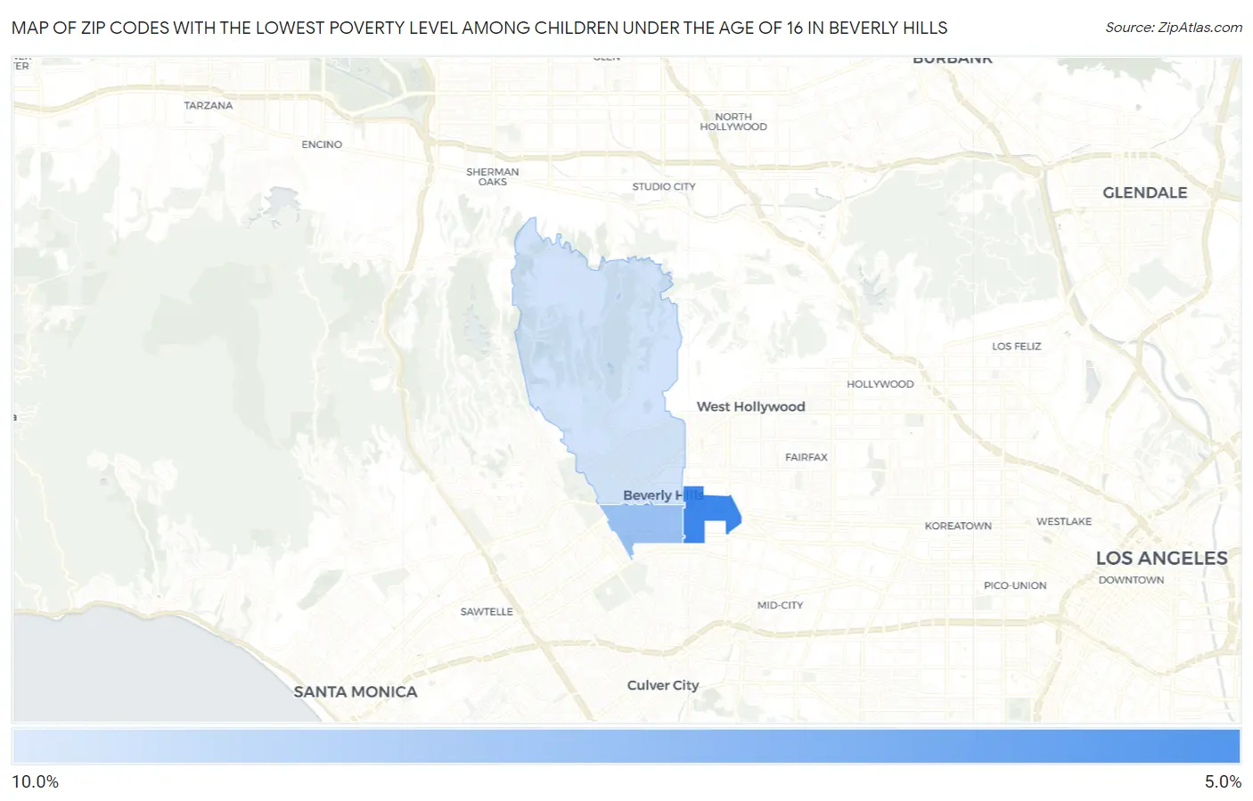 Zip Codes with the Lowest Poverty Level Among Children Under the Age of 16 in Beverly Hills Map