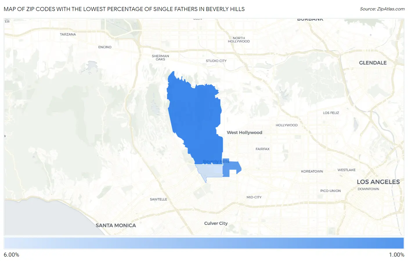 Zip Codes with the Lowest Percentage of Single Fathers in Beverly Hills Map