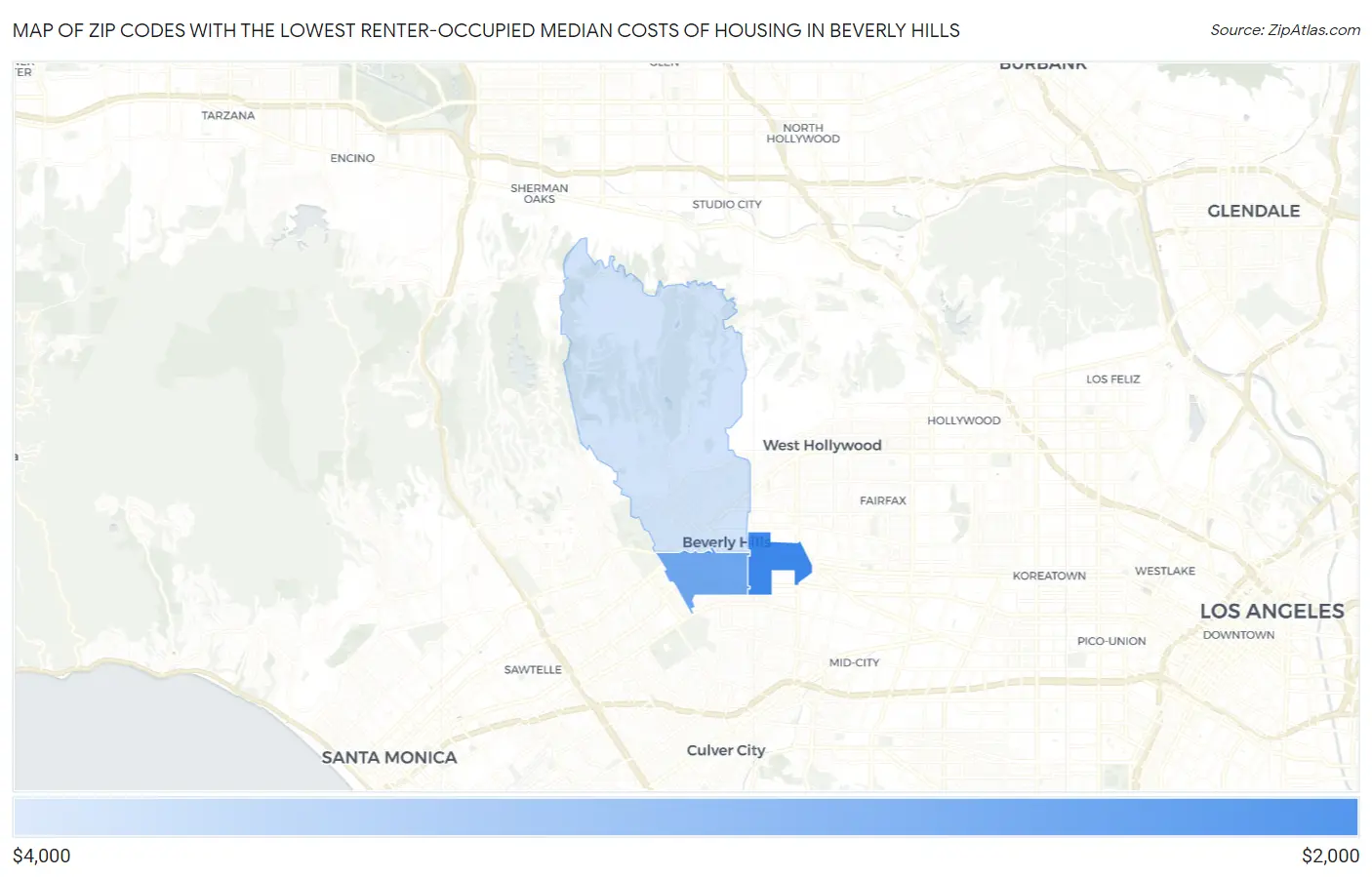 Zip Codes with the Lowest Renter-Occupied Median Costs of Housing in Beverly Hills Map