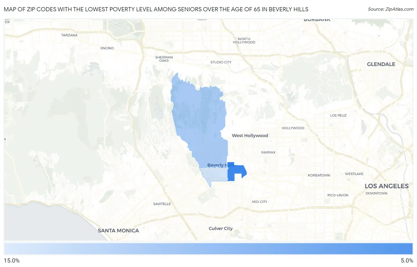 Zip Codes with the Lowest Poverty Level Among Seniors Over the Age of 65 in Beverly Hills Map