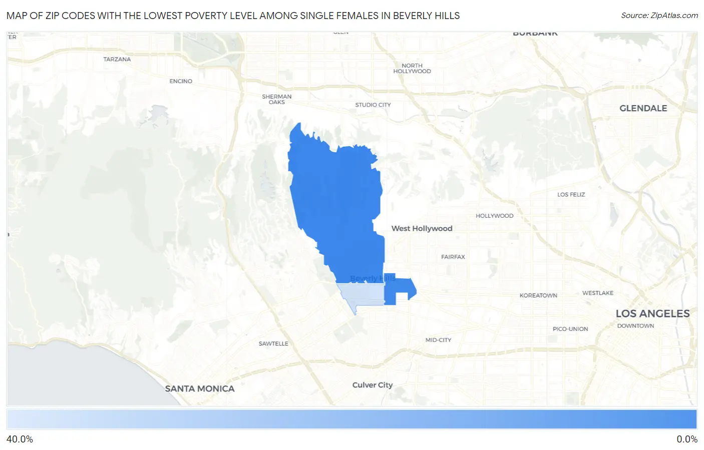 Zip Codes with the Lowest Poverty Level Among Single Females in Beverly Hills Map