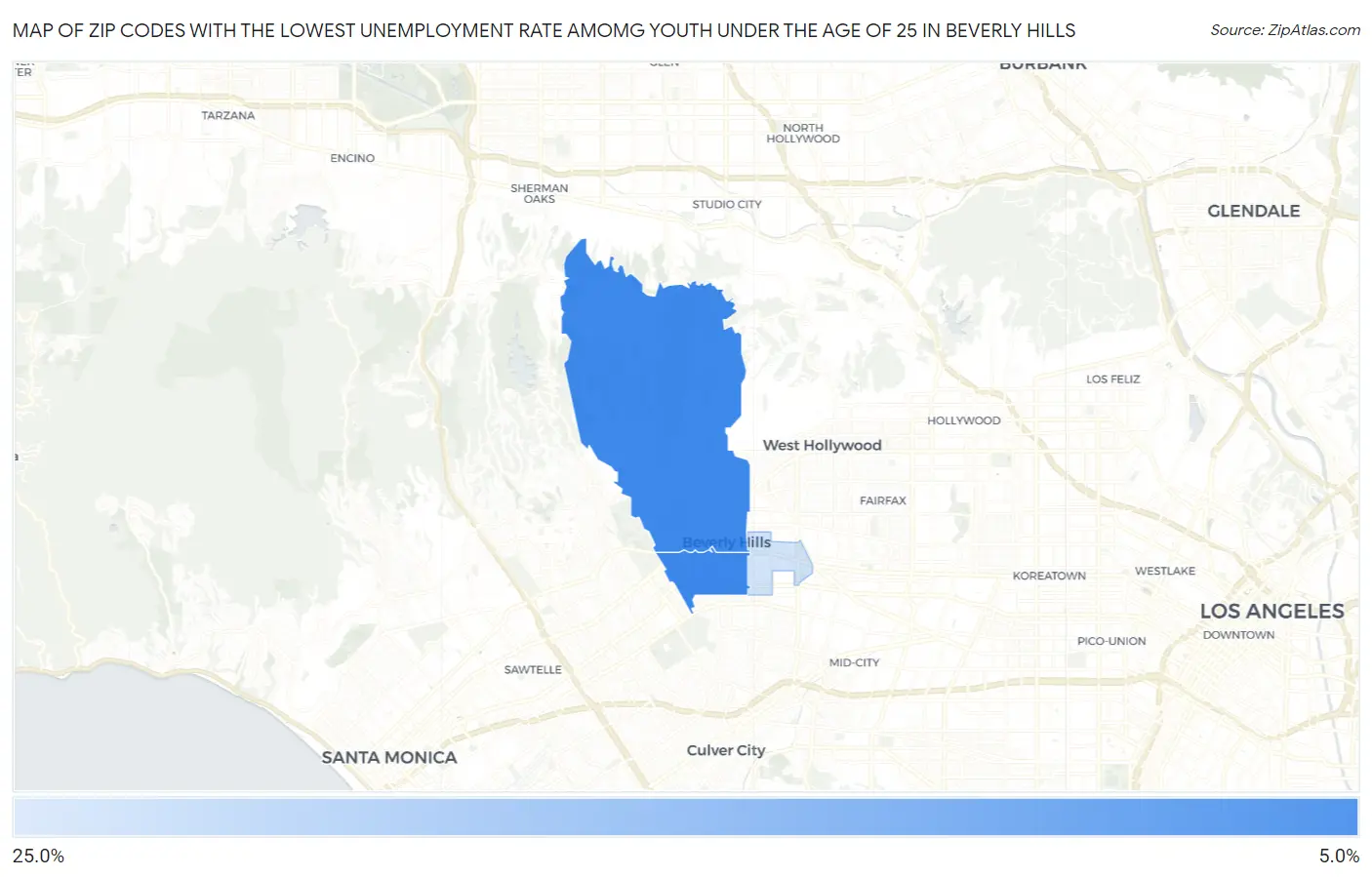 Zip Codes with the Lowest Unemployment Rate Amomg Youth Under the Age of 25 in Beverly Hills Map