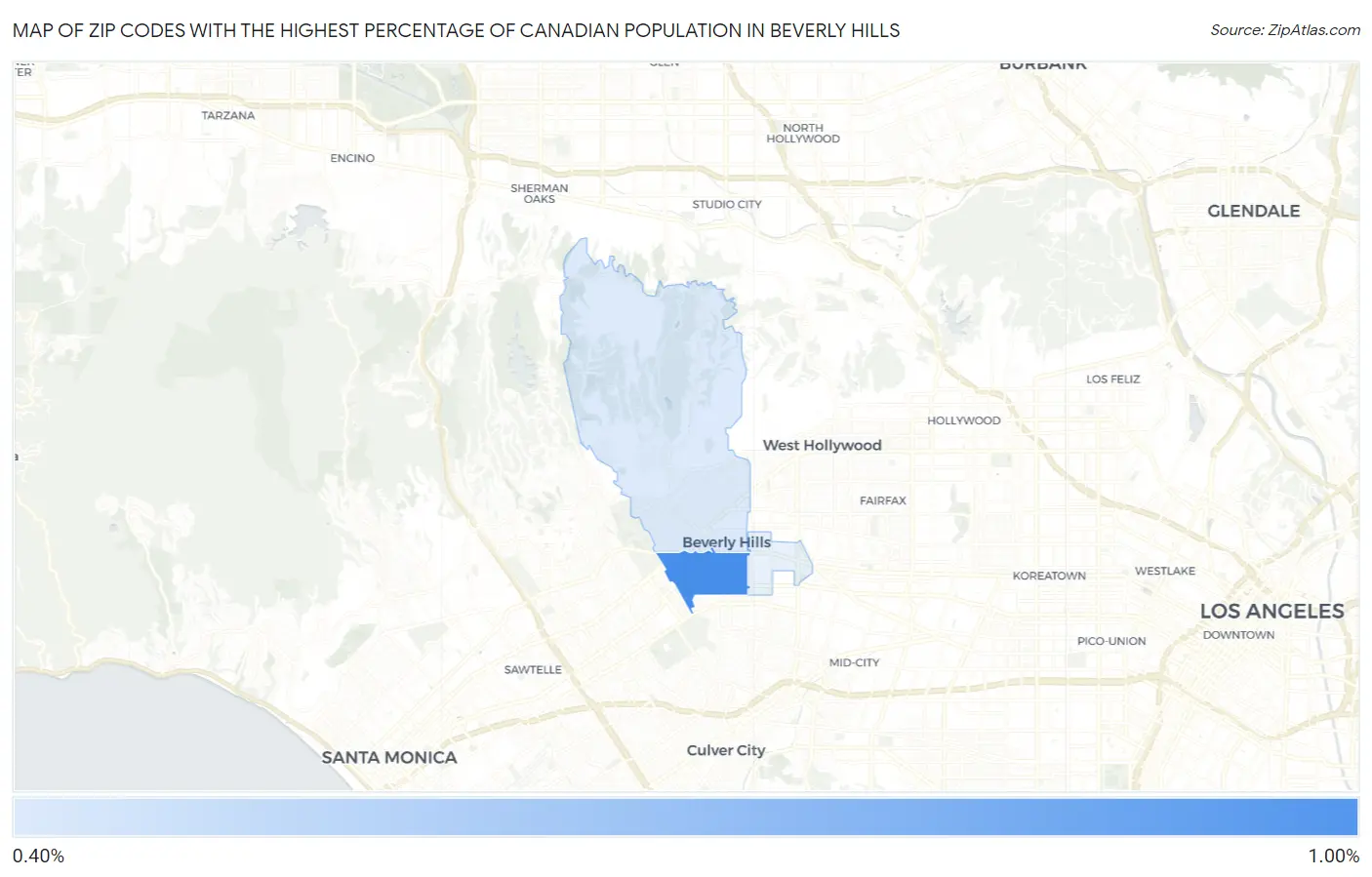 Zip Codes with the Highest Percentage of Canadian Population in Beverly Hills Map