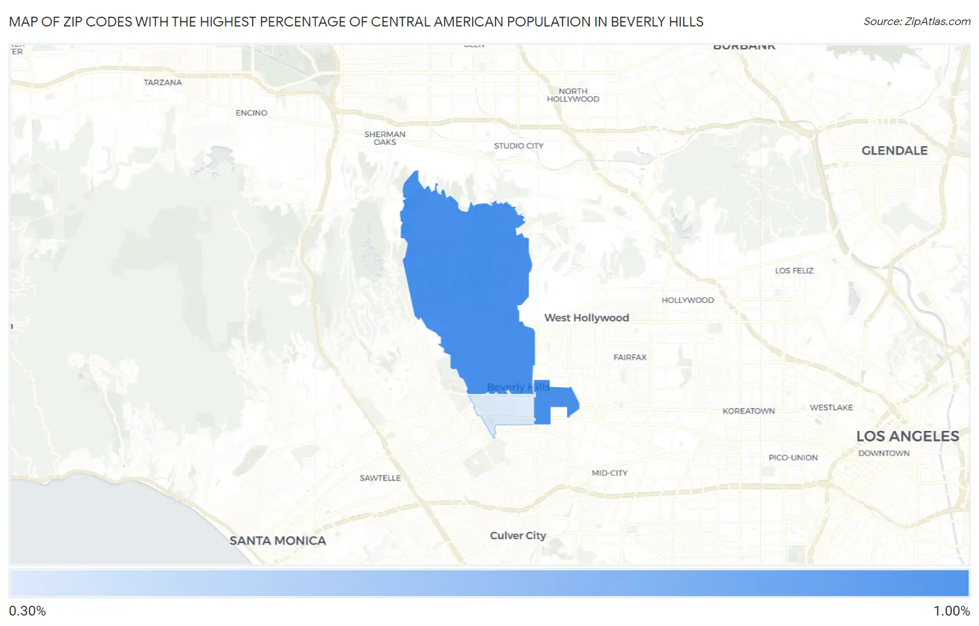 Zip Codes with the Highest Percentage of Central American Population in Beverly Hills Map