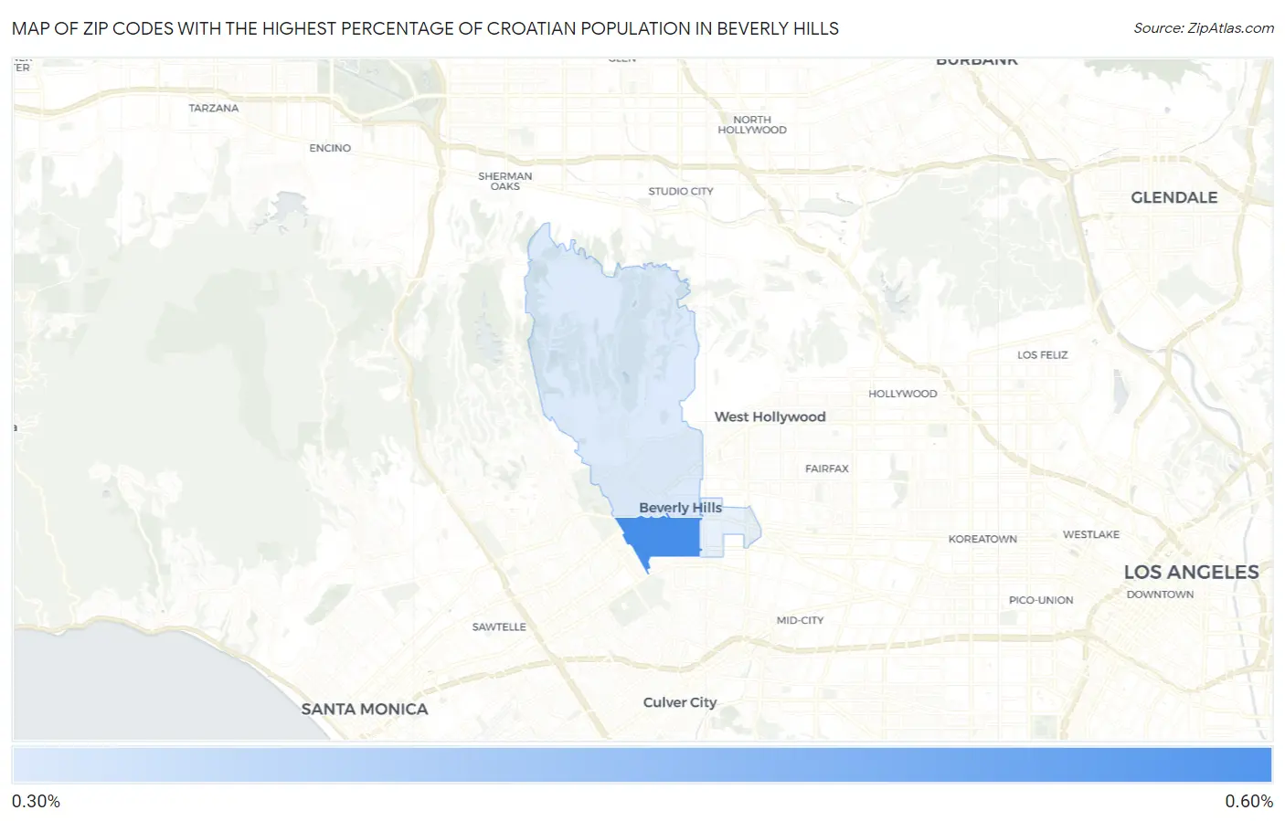 Zip Codes with the Highest Percentage of Croatian Population in Beverly Hills Map
