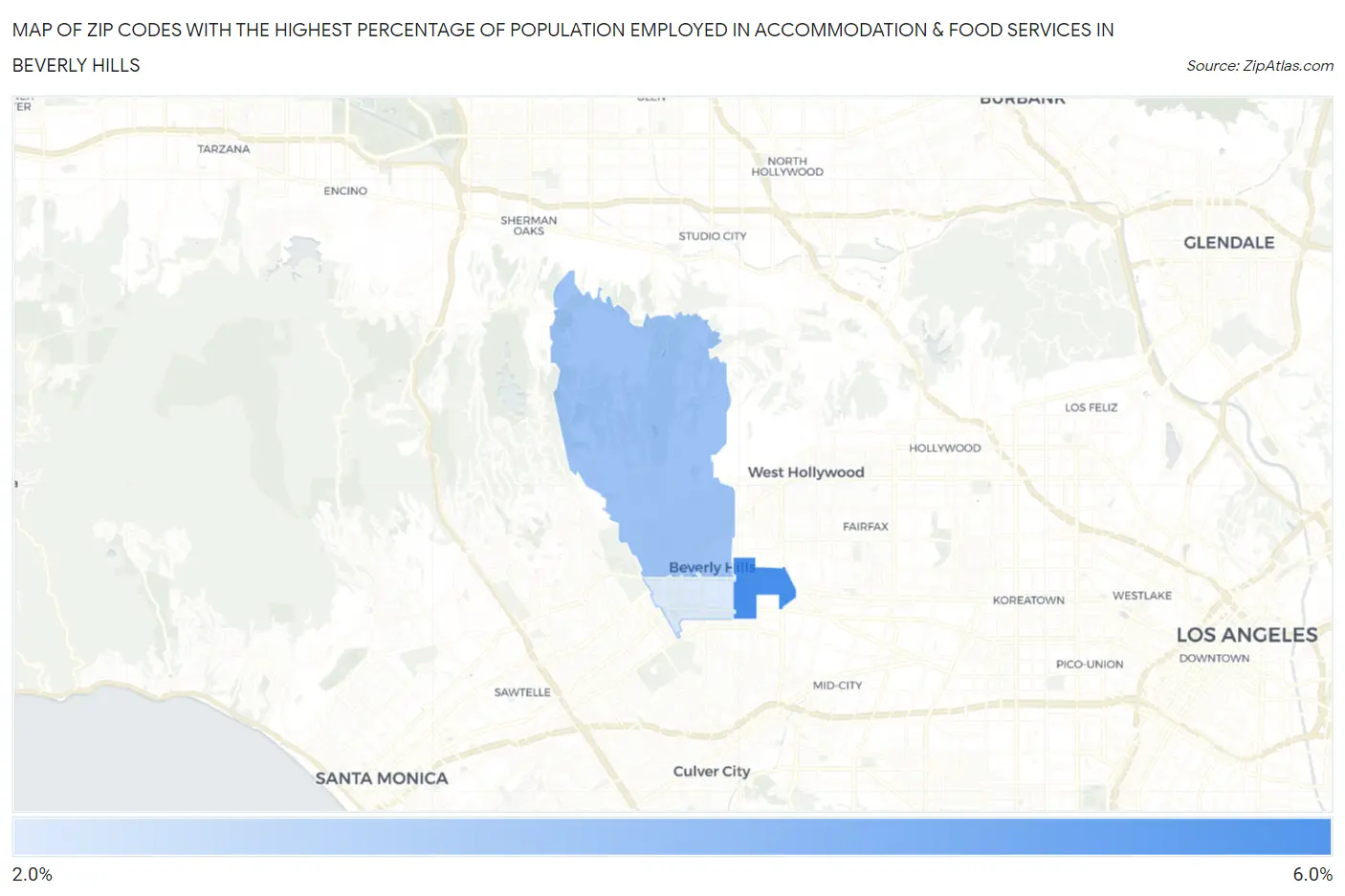 Zip Codes with the Highest Percentage of Population Employed in Accommodation & Food Services in Beverly Hills Map