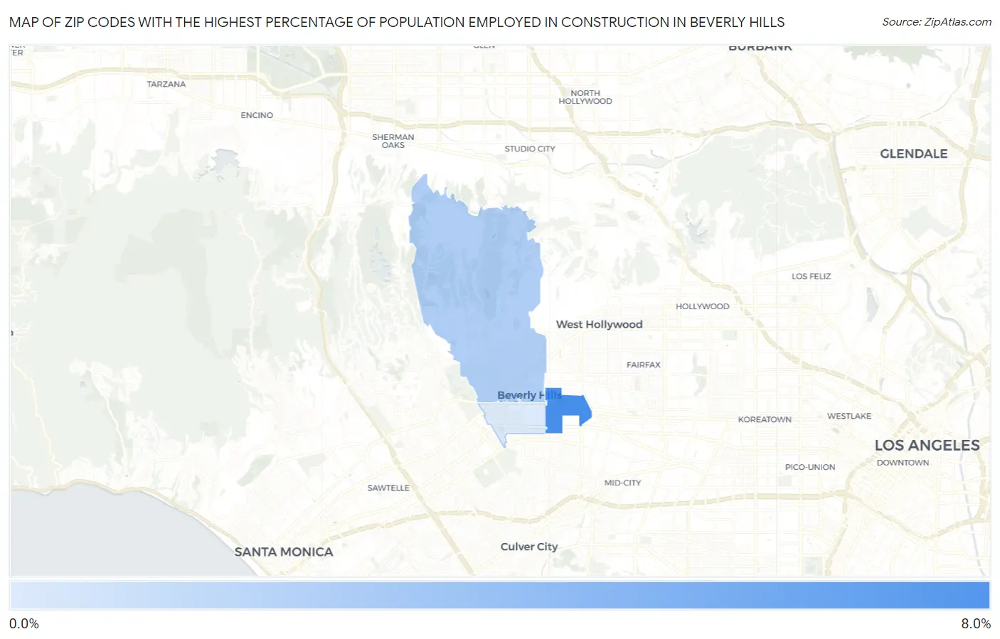 Zip Codes with the Highest Percentage of Population Employed in Construction in Beverly Hills Map