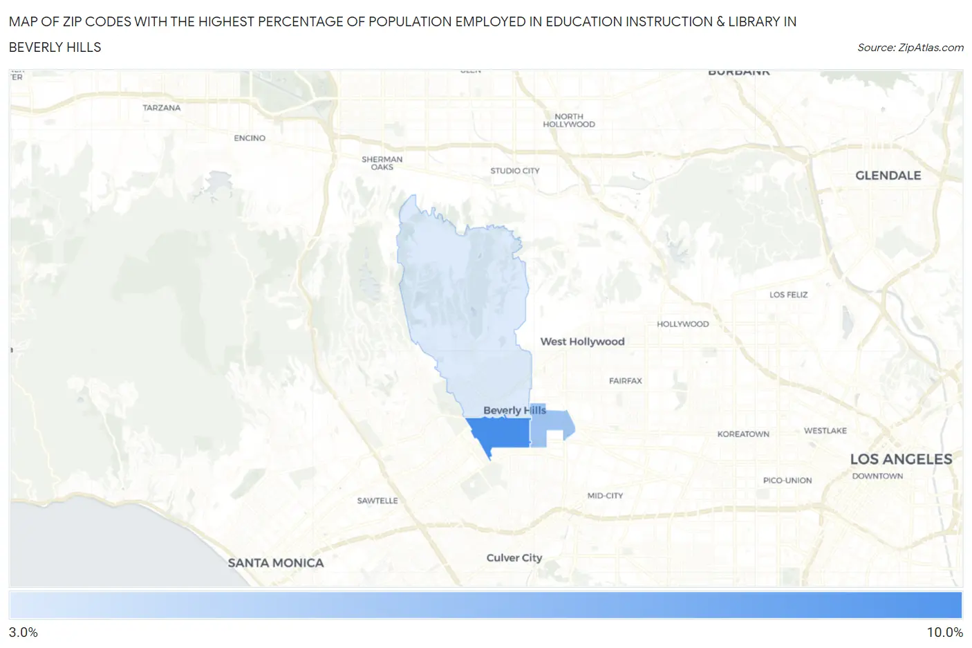 Zip Codes with the Highest Percentage of Population Employed in Education Instruction & Library in Beverly Hills Map