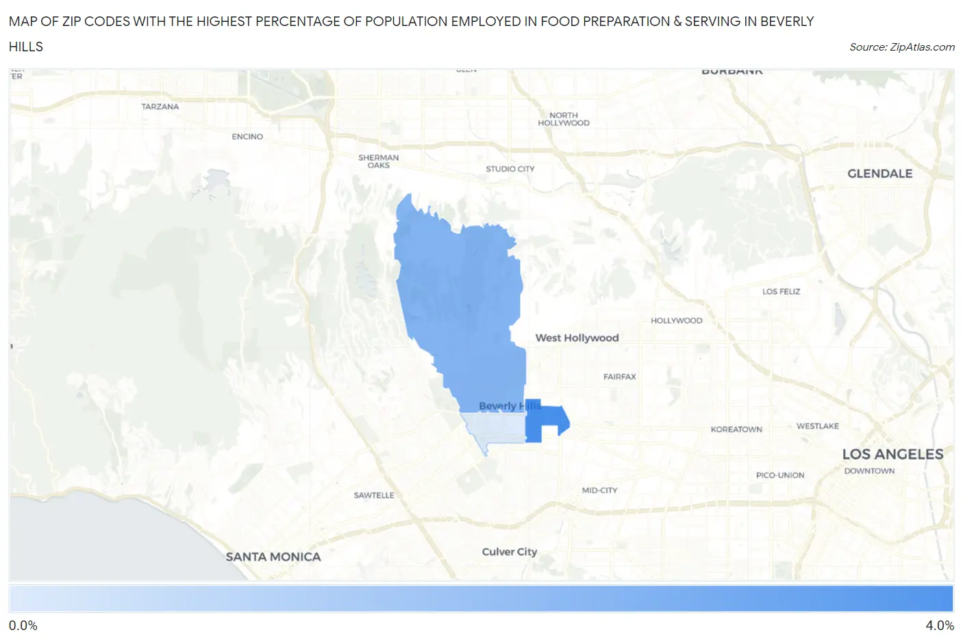 Zip Codes with the Highest Percentage of Population Employed in Food Preparation & Serving in Beverly Hills Map